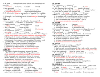 18. Mr. Minh ____ wearing a crash helmet when he goes somewhere on his
motorbike.
A. is used to
B. is using
C. used to
D. used
19. Peter apologised_______.
A. me for phoning not earlier
B. not to phone me earlier
C. for not phoning me earlier
D. not for phoning me earlier
20. My father used to giving me some good advice whenever I had a problem.
A
B
C
D
21. She brought a lot of money with her so that she needed buy some duty-free
goods.
A
B
C
D
Thi CĐ 2010
1. I ______ hurry. It’s nearly 8.00, and my first class starts at 8.15.
A. would prefer B. can’t help C. would rather
D. had better
2. I clearly remember ______ you about this before.
A. telling
B. to tell
C. told
D. tell
3. Why is everybody ______ him all the time?
A. critical
B. criticize
C. criticism
D. criticizing
4. I'm really looking forward ______ to university.
A. to going
B. go
C. to go
D. going
5. It is a basic requirement in the modern world to be able to deal with figures.
A. Being able to deal with figures is a basic requirement in the modern world.
B. Dealing with the modern world requires a basic knowledge of figures.
C. The world requires us to have a basic understanding of figures.
D. Dealing with figures requires a basic knowledge of the modern world.
6. I found myself at a loss to understand my closest friend’s words.
A. I found my closest friend's words easy to understand.
B. I understood my closest friend’s words completely.
C. I lost heart and didn't understand my closest friend's words.
D. I found my closest friend's words quite incomprehensible.
Thi ĐH 2010
7. They couldn’t climb up the mountain because of the storm.
A. The storm made it not capable of climbing up the mountain.
B. The storm discouraged them from climbing up the mountain.
C. The storm made them impossible to climb up the mountain.
D. Their climbing up the mountain was unable due to the storm.
8. “Stop smoking or you’ll be ill,” the doctor told me.
A. The doctor advised me to give up smoking to avoid illness.
B. I was ordered not to smoke to recover from illness.
C. The doctor suggested smoking to treat illness.
D. I was warned against smoking a lot of cigarettes.
9. Neil Armstrong was the first man ______ on the moon.
A. to walk
B. walking
C. walked
D. has walked
10. I’ve warned you many times ______the front door unlocked.
A. don’t leave B. won’t leave
C. not leaving D. not to leave

Thi ĐH 2009
11. “I’d rather you______ home now.”
A. going
B. go
C. gone
D. went
12. “How many times have I told you ______ football in the street?”
A. not playing B. do not play C. not to play
D. not to have played
13. “Please, will you just tidy your room, and stop ______ excuses!”
A. having
B. making
C. doing
D. taking
14. There’s no point in persuading Jane to change her mind.
A. No one wants Jane to change her mind because it’s pointless.
B. It’s possible for us to persuade Jane to change her mind.
C. Jane will change her mind though she doesn’t want to.
D. It’s useless to persuade Jane to change her mind.
Thi ĐH 2008
15. I’m sure you’ll have no_______ the exam.
A. difficulty to pass
B. difficulty passing
C. difficulties of passing
D. difficulties to pass
16. I am considering_______ my job. Can you recommend a good company?
A. moving
B. to move
C. changing
D. to change
17. The room needs_______ for the wedding.
A. decorating B. decorate
C. be decorated
D. to decorate
18. My friend told me, “If I were you, I would not smoke so much.”
A. My friend prohibited me from smoking so much.
B. My friend suggested not smoking so much
C. My friend warned me against smoking so much.
D. My friend advised me not to smoke so much
Thi ĐH 2011
19. * Joan: “Our friends are coming._____, Mike?”
* Mike: “I’m sorry, but I can’t do it now.”
A. Shall you make some coffee, please B. Shall I make you like some coffee
C. Why don’t we cook some coffee D. Would you mind making some coffee
20. Our boss would rather____ during the working hours.
A. us not chatting B. we didn’t chat C. us not chat D. we don’t chat
Thi ĐH 2012 – A1
21. She prefers going to the library to staying at home.
A. She would rather go to the library than stay at home.
B. She likes nothing better than going to the library.
C. She does not like either going to the library or staying at home.
D. She stays at home instead of going to the library.
Thi ĐH 2012 – D
22. The restaurants on the island are expensive, so it’s worth___ packed lunch.
A. taken
B. taking
C. to take
D. take
23. It has been suggested that Mary______ a computer course in preparation for
a steady job.
A. take
B. would have taken C. was taken D. have been taken

 
