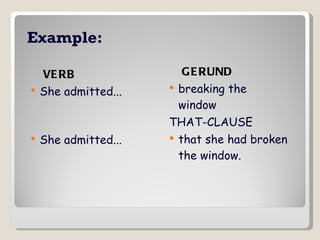 Example: VERB   She admitted...    She admitted...  GERUND   breaking the  window  THAT-CLAUSE  that she had broken the window.  