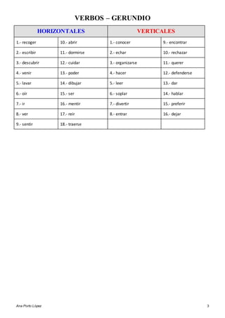 VERBOS – GERUNDIO
Ana Porto López 3
HORIZONTALES VERTICALES
1.- recoger 10.- abrir 1.- conocer 9.- encontrar
2.- escribir 11.- dormirse 2.- echar 10.- rechazar
3.- descubrir 12.- cuidar 3.- organizarse 11.- querer
4.- venir 13.- poder 4.- hacer 12.- defenderse
5.- lavar 14.- dibujar 5.- leer 13.- dar
6.- oír 15.- ser 6.- soplar 14.- hablar
7.- ir 16.- mentir 7.- divertir 15.- preferir
8.- ver 17.- reír 8.- entrar 16.- dejar
9.- sentir 18.- traerse