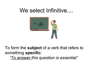 We select Infinitive....
To form the subject of a verb that refers to
something specific:
“To answer this question is essential”
 