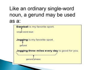 Like an ordinary single-word
noun, a gerund may be used
as a: