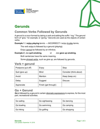 Gerunds Page 1 of 3
Last updated: September 14, 2016
Gerunds
Common Verbs Followed by Gerunds
A gerund is a noun formed by taking a verb and adding the suffix “-ing.” The gerund
form of “give,” for example, is “giving.” Gerunds are used as the objects of certain
verbs.
Example 1: I enjoy playing tennis → INCORRECT: I enjoy to play tennis.
The verb enjoy is followed by a gerund (playing).
Enjoy cannot be followed by an infinitive.
Example 2: Joe quit smoking. or Joe gave up smoking.
Both sentences have the same meaning.
Some phrasal verbs, such as give up, are followed by gerunds.
Verb + gerund
Postpone (put off) Enjoy Stop
Quit (give up) Mind Consider (think about)
Avoid Mention Keep (keep on)
Delay Suggest Discuss
Appreciate Finish (get through)
Go + Gerund
Go is followed by a gerund in certain idiomatic expressions to express, for the most
part, recreational activities.
Go sailing Go sightseeing Go dancing
Go bowling Go swimming Go camping
Go hiking Go golfing Go shopping
 