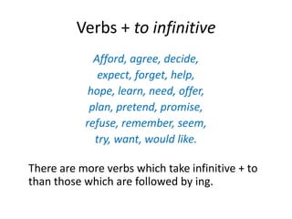 Verbs + toinfinitiveAfford, agree, decide,expect, forget, help, hope, learn, need, offer, plan, pretend, promise, refuse, remember, seem, try, want, wouldlike.There are more verbswhichtakeinfinitive + tothanthosewhich are followedbying.