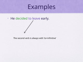 Examples
• He decided to leave early.
The second verb is always with ‘to+infinitive’
 
