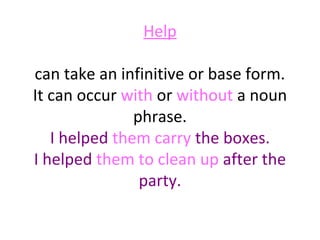 Help
can take an infinitive or base form.
It can occur with or without a noun
phrase.
I helped them carry the boxes.
I helped them to clean up after the
party.

 