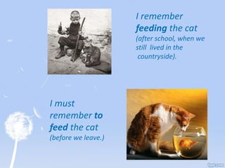 I remember
feeding the cat
(after school, when we
still lived in the
countryside).
I must
remember to
feed the cat
(before we leave.)
 