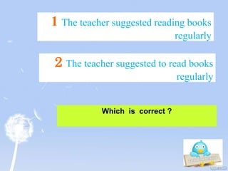 Which is correct ?
2 The teacher suggested to read books
regularly
1 The teacher suggested reading books
regularly
 