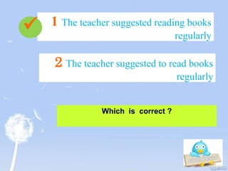 Which is correct ?
2 The teacher suggested to read books
regularly
1 The teacher suggested reading books
regularly

 