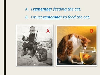 A. I remember feeding the cat.
B. I must remember to feed the cat.
A B
 