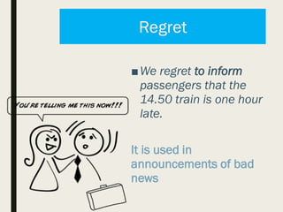 ■We regret to inform
passengers that the
14.50 train is one hour
late.
It is used in
announcements of bad
news
 