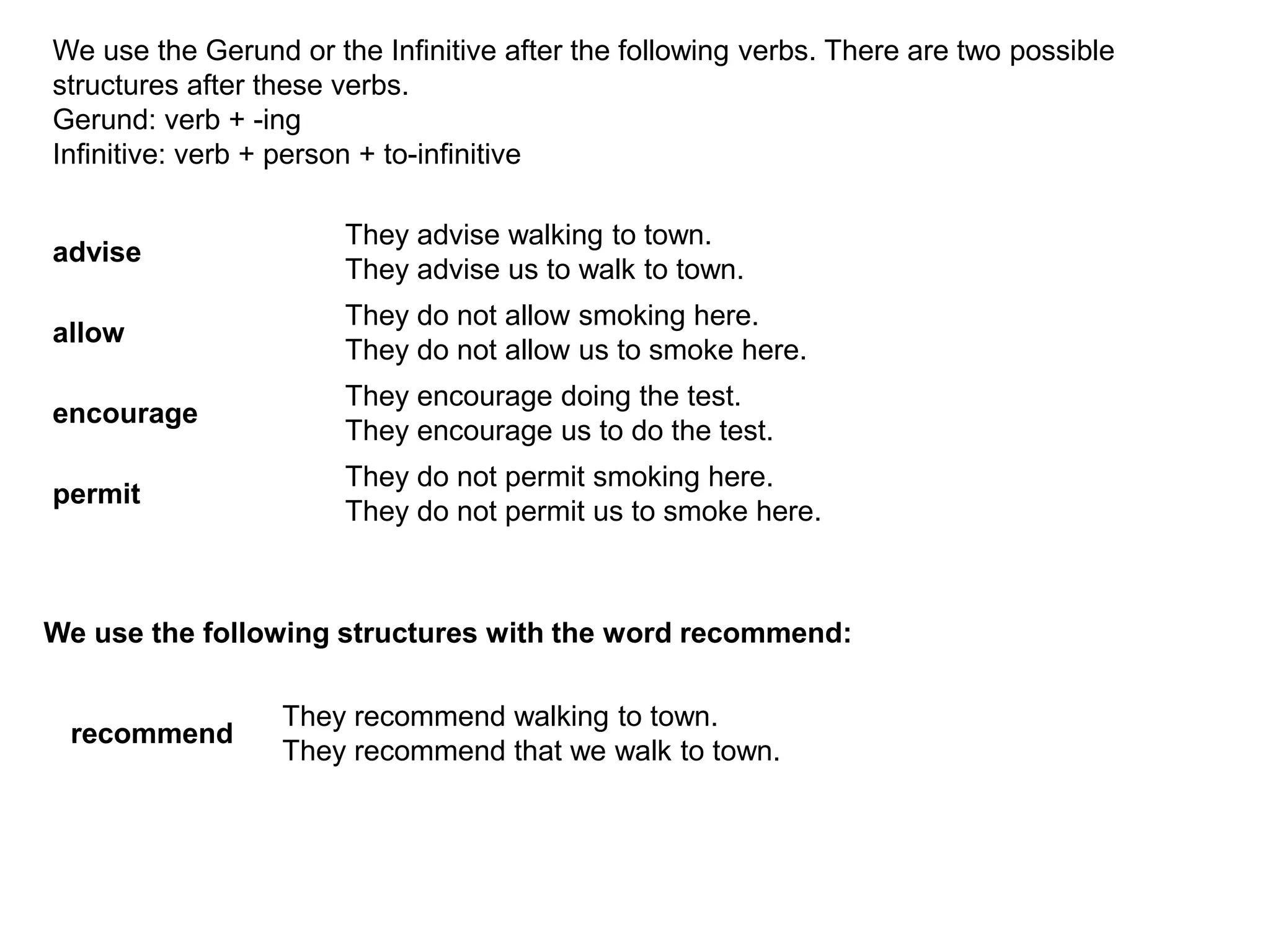 We use the Gerund or the Infinitive after the following verbs. There are two possible
structures after these verbs.
Gerund: verb + -ing
Infinitive: verb + person + to-infinitive
advise
They advise walking to town.
They advise us to walk to town.
allow
They do not allow smoking here.
They do not allow us to smoke here.
encourage
They encourage doing the test.
They encourage us to do the test.
permit
They do not permit smoking here.
They do not permit us to smoke here.
recommend
They recommend walking to town.
They recommend that we walk to town.
We use the following structures with the word recommend:
 