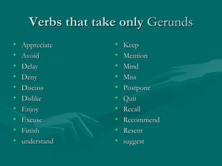 Verbs that take only Gerunds
•
•
•
•
•
•
•
•
•
•

Appreciate
Avoid
Delay
Deny
Discuss
Dislike
Enjoy
Excuse
Finish
understand

•
•
•
•
•
•
•
•
•
•

Keep
Mention
Mind
Miss
Postpone
Quit
Recall
Recommend
Resent
suggest

 