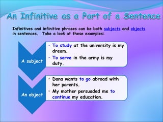 Infinitives and infinitive phrases can be both subjects and objects
in sentences. Take a look at these examples:
 