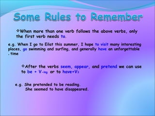 When more than one verb follows the above verbs, only
the first verb needs to.
e.g. When I go to Eilat this summer, I hope to visit many interesting
places, go swimming and surfing, and generally have an unforgettable
time.
After the verbs seem, appear, and pretend we can use
to be + V-ing or to have+V3
e.g. She pretended to be reading.
She seemed to have disappeared.
 