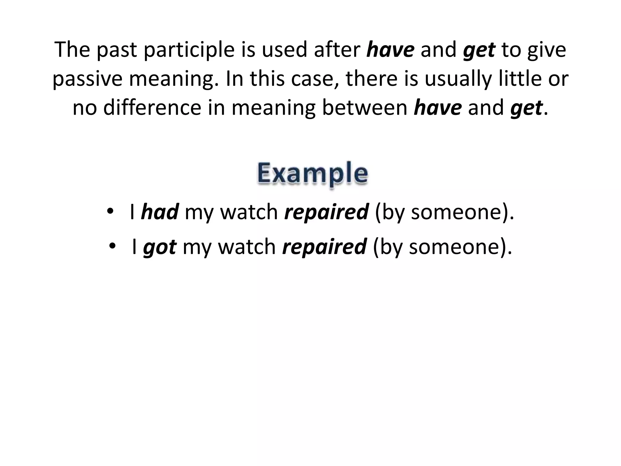 Causative make is followed by the simple form of a verb, not an infinitive. (Incorrect: She made him to clean his room). Make gives the idea that “X” forces “Y” to do something.Mrs. Lee made her son clean his room.Sad movies make me cry.Example