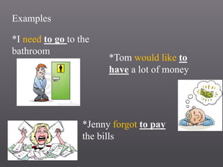 Examples
*Jenny forgot to pay
the bills
*Tom would like to
have a lot of money
*I need to go to the
bathroom
 