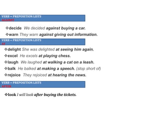 VERB + PREPOSITION LISTS
AGAINST
decide We decided against buying a car.
warn They warn against giving out information.
delight She was delighted at seeing him again.
excel He excels at playing chess.
laugh We laughed at walking a cat on a leash.
balk He balked at making a speech. (stop short of)
rejoice They rejoiced at hearing the news.
look I will look after buying the tickets.
VERB + PREPOSITION LISTS
AT
VERB + PREPOSITION LISTS
AFTER
 