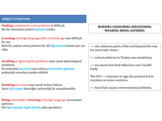 SUBJECT FUNCTION
Finding a solution to such problems is difficult.
Bu tür sorunlara çözüm bulmak zordur.
Learning a foreign language after a certain age was difficult
for me.
Belli bir yaştan sonra yabancı bir dil öğrenmek benim için zor
oldu.
Avoiding or ignoring the problems may cause physiological
problems.
Sorunlardan kaçmak veya onları görmezden gelmek
psikolojik sorunlara neden olabilir.
Drinking too much may result in liver failure.
Aşırı içki içmek karaciğer yetmezliği ile sonuçlanabilir.
Being interested in learning a foreign language necessiates
patience.
Dil öğrenmeyle ilgili olmak sabır gerektirir.
---- the unknown parts of the world paved the way
for new trade routes.
---- school uniforms in Turkey was mandatory.
---- too much fast-food influences one’s health
badly.
The US’s ----reluctant to sign the protocol led to
reactions in some countries.
---- fossil fuel causes environmental problems.
BURNING-CONSUMING-DISCOVERING
WEARING-BEING-ALTERING
 