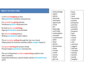 OBJECT OF MAIN VERB
I can’t help laughing at him.
Ona gülmekten kendimi alamıyorum.
I’m considering going abroad.
Yurtdışına gitmeyi düşünüyorum.
He had to give up smoking.
Sigarayı bırakmak zorunda kaldı.
She detests writing letters.
Mektup yazmaktan nefret ediyor.
Try to visualize sailing through the sky on a cloud.
Gökyüzünde bir bulutun üstünde yelken açtığını hayal et.
I propose starting the project today.
Projeyi bugün başlatmayı öneriyorum.
The use of logaritms involves converting numbers into
other numbers.
Logaritma kullanımı, sayıları başka sayılara dönüştürmeyi
içerir.
acknowledge
admit
advise
advocate
anticipate
appreciate
avoid
bar
begrudge
can’t help
contemplate
consider
countenance
defer
deny
detest
discontinue
enjoy
escape
evade
excuse
finish
give up
keep
mind
miss
necessiate
pardon
postpone
practice
prevent
prohibit
propose
quit
relish
resent
resist
risk
sanction
suggest
tolerate
visualise
include
involve
justify
imagine
 