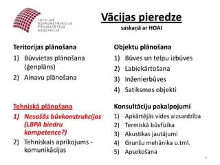 Vācijas pieredze
                                   saskaņā ar HOAI


Teritorijas plānošana         Objektu plānošana
1) Būvvietas plānošana        1) Būves un telpu izbūves
    (ģenplāns)                2) Labiekārtošana
2) Ainavu plānošana           3) Inženierbūves
                              4) Satiksmes objekti

Tehniskā plānošana            Konsultāciju pakalpojumi
1) Nesošās būvkonstrukcijas   1)    Apkārtējās vides aizsardzība
   (LBPA biedru               2)    Termiskā būvfizika
   kompetence?)               3)    Akustikas jautājumi
2) Tehniskais aprīkojums -    4)    Grunšu mehānika u.tml.
   komunikācijas              5)    Apsekošana
                                                                   4
 