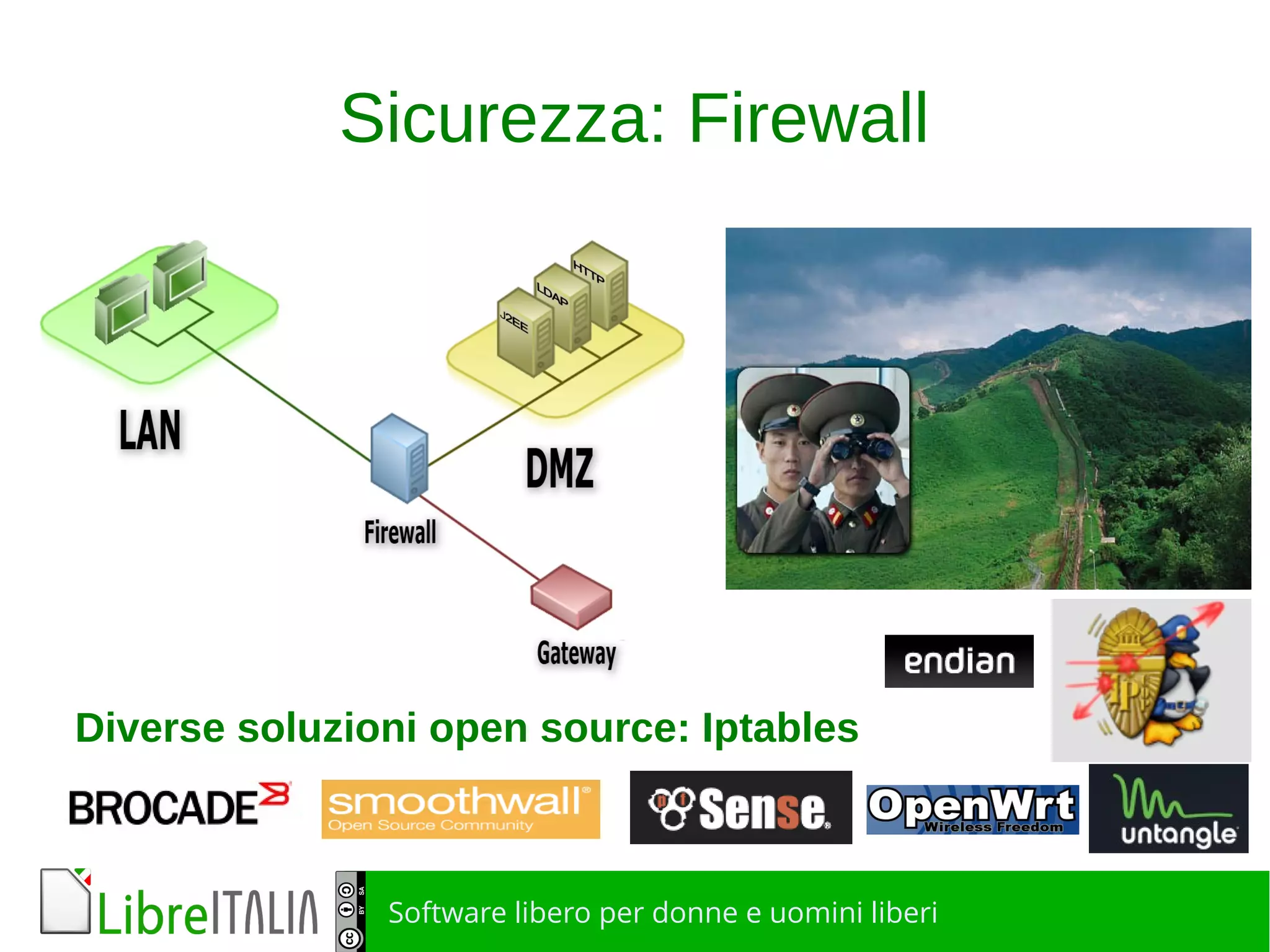Software libero per donne e uomini liberi
Sicurezza: Firewall
Diverse soluzioni open source: Iptables
 