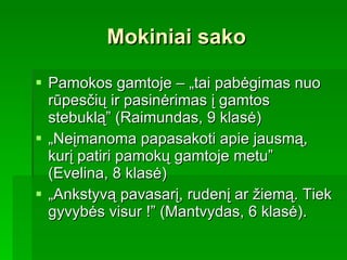 Mokiniai sako Pamokos gamtoje – „tai pabėgimas nuo rūpesčių ir pasinėrimas į gamtos stebuklą” (Raimundas, 9 klasė) „ Neįmanoma papasakoti apie jausmą, kurį patiri pamokų gamtoje metu” (Evelina,  8  klasė ) „ Ankstyvą pavasarį, rudenį ar žiemą. Tiek gyvybės visur !”  ( Mantvydas , 6  klasė ) . 