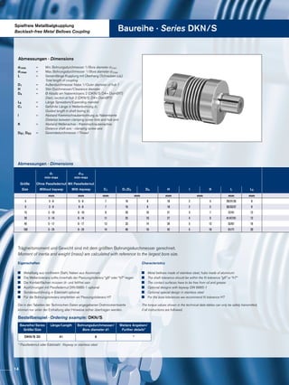 Spielfreie Metallbalgkupplung
Backlash-free Metal Bellows Coupling Baureihe · Series DKN/S
Abmessungen · Dimensions
Trägheitsmoment und Gewicht sind mit dem größten Bohrungsdurchmesser gerechnet.
Moment of inertia and weight (mass) are calculated with reference to the largest bore size.
Abmessungen · Dimensions
Eigenschaften
	 Metallbalg aus rostfreiem Stahl, Naben aus Aluminium
	 Die Wellentoleranz sollte innerhalb der Passungstoleranz “g6“ oder “h7“ liegen
	 Die Kontaktflächen müssen öl- und fettfrei sein
	 Ausführungen mit Passfedernut DIN 6885-1 optional
	 Sonderausführung in Edelstahl optional
	 Für die Bohrungstoleranz empfehlen wir Passungstoleranz H7
Die in den Tabellen der Technischen Daten angegebenen Drehmomentwerte
können nur unter der Einhaltung aller Hinweise sicher übertragen werden.
Characteristics
	 Metal bellows made of stainless steel, hubs made of aluminum
	 The shaft tolerance should be within the fit tolerance “g6” or “h7”
	 The contact surfaces have to be free from oil and grease
	 Optional designs with keyway DIN 6885-1
	 Optional special design in stainless steel
	 For the bore tolerances we recommend fit tolerance H7
The torque values shown in the technical data tables can only be safely transmitted,
if all instructions are followed.
Bestellbeispiel · Ordering example: DKN/S
Baureihe/Series
Größe/Size
Länge/Length Bohrungsdurchmesser/
Bore diameter d1
Weitere Angaben/
Further details*
DKN/S 20 41 6 *
* Passfedernut oder Edelstahl · Keyway or stainless steel
d1min		 =	 Min. Bohrungsdurchmesser 1/Bore diameter d1min
d1max		 =	 Max. Bohrungsdurchmesser 1/Bore diameter d1max
L		 =	 Gesamtlänge Kupplung mit Überhang (Schrauben o.ä.)
			 Total length of coupling
D1		 =	 Außendurchmesser Nabe 1/Outer diameter of hub 1
H		=	 Stör-Durchmesser/Clearance diameter
D4		 =	 Ø Absatz am Nabenkörpers 2 (DKN/S: D4= DornØf7)
			 Diam. section at hub 2 (DKN/S: D4= DornØf7)
L5		=	 Länge Spreizdorn/Expending mandrel
C1		 =	 Geführte Länge in Wellenbohrung d1			
			 Guided length in shaft boring d1
l		 =	 Abstand Klemmschraubenbohrung zu Nabenkante
			 Distance between clamping screw hole and hub end
K		 =	 Abstand Wellenachse - Klemmschraubenachse
			 Distance shaft axis - clamping screw axis
DG1, DG2	 =	 Gewindedurchmesser /Thread
d1
min-max
d1k
min-max
Größe Ohne Passfedernut Mit Passfedernut
Size Without keyway With keyway C1 D1;D2 D4 H I K L L5
mm mm mm mm mm mm mm mm
4 3 - 8 6 - 8 7 16 8 18 2 5 29/31/35 8
9 3 - 8 6 - 8 7 16 8 18 2 5 30/33/37 8
15 3 - 10 6 - 10 9 20 10 21 3 7 37/41 12
20 3 - 14 6 - 14 11 25 10 27 4 9 41/47/51 12
45 5 - 17 6 - 17 13 33 14 34 5 12 52/61 16
100 5 - 24 6 - 24 14 40 16 42 5 16 61/71 20
14
 