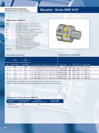 Spielfreie Elastomerkupplungen
Backlash-free Servo-Insert Coupling Baureihe · Series GWE 5107
Abmessungen · Dimensions
Abmessungen · Dimensions
Technische Daten · Technical Data
Trägheitsmoment und Gewicht sind mit dem größten Bohrungsdurchmesser gerechnet.
Moment of inertia and weight (mass) are calculated with reference to the largest bore size.
Bestellbeispiel · Ordering example: GWE 5107
Baureihe/Series
Größe/Size
Bohrungsdurchmesser/
Bore diameter d1
Spreizdorn-/
Expanding mandrel- Ø D2
Weitere Angaben/
Further details*
GWE 5107-24 25 28 *
* Passfedernut · Keyway
d1min		 =	 Min. Bohrungsdurchmesser 1/Bore diameter d1min
d1max		 =	 Max. Bohrungsdurchmesser 1/Bore diameter d1max
L		 =	 Gesamtlänge Kupplung mit Überhang (Schrauben o.ä.)
			 Total length of coupling
D1		 =	 Außendurchmesser Nabe 1/Outer diameter of hub 1
H		=	 Stör-Durchmesser/Clearance diameter
D4		 =	 Ø Absatz am Nabenkörpers 2 (DKN/S: D4= DornØf7)	
			 Diam. section at hub 2 (DKN/S: D4= DornØf7)
H3		 =	 Einbaulänge Dämpfungselement (Balg/Stern)
			 Length of daming part (bellow/elastomer)
L5		 =	 Länge Spreizdorn/Expending mandrel
C1		 =	 Geführte Länge in Wellenbohrung d1			
			 Guided length in shaft boring d1
l		 =	 Abstand Klemmschraubenbohrung zu Nabenkante
			 Distance between clamping screw hole and hub end
K		 =	 Abstand Wellenachse - Klemmschraubenachse
			 Distance shaft axis - clamping screw axis
DG1, DG2	 =	 Gewindedurchmesser /Thread
d1
min-max
d1k
min-max
Größe Ohne Passfedernut Mit Passfedernut
Size Without Keyway With Keyway C1 D1 D4 H H3 I K L L5 T Hes nmax J Gw DG1 TA1 DG2 TA2
mm mm mm mm mm mm mm mm mm mm mm Nm 1/min10-3 Kgm2 kg mm Nm mm Nm
9 4 - 11 6 - 11 8 19,5 10-15 22,5 10 4 7,3 34 12 3 92 SH A 19.000 0,002 0,04 1 x M2,5 0,75 1 x M4 4
12 4 - 12 6 - 12 7 25 10 - 15 26 12 3,5 8,5 38 12 5 92 SH A 15.000 0,0046 0,063 1 x M3 1,5 1 x M4 4
14 5 - 15 6 - 15 9,5 29,5 13-25 33 13 5 10,5 48 20 12,50 98 SH A 13.000 0,011 0,11 1 x M4 5 1 x M5 9
19 8 - 22 8 - 22 17 39,5 14-30 43 16 6 15 65 25 17 98 SH A 10.000 0,045 0,26 1 x M5 10 1 x M6 12
24 10 - 31 10 - 31 20 54,5 23-36 56 18 10 20 73 27 60 98 SH A 7.000 0,164 0,51 1 x M6 18 1 x M8 32
28 14 - 35 14 - 35 21,5 64,5 26-42 67 19 11 23,5 83 32 160 98 SH A 6.000 0,373 0,83 1 x M8 43 1 x M10 60
46
 