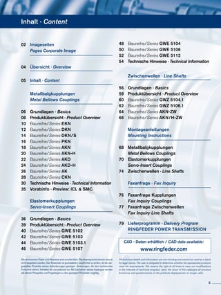 Inhalt · Content
02	 Imageseiten
	 Pages Corporate Image
04	 Übersicht · Overview
05	 Inhalt · Content
	 Metallbalgkupplungen
	 Metal Bellows Couplings
06	 Grundlagen · Basics
08	 Produktübersicht · Product Overview
10	 Baureihe/Series EKN
12	 Baureihe/Series DKN
14	 Baureihe/Series DKN/S
16	 Baureihe/Series PKN
18	 Baureihe/Series AKN
20	 Baureihe/Series AKN-H
22	 Baureihe/Series AKD
24	 Baureihe/Series AKD-H
26	 Baureihe/Series AK
28	 Baureihe/Series CKN
30	 Technische Hinweise · Technical Information
35	 Vorabinfo · Preview: ICL & SMC
	 Elastomerkupplungen
	 Servo-Insert Couplings
36	 Grundlagen · Basics
39	 Produktübersicht · Product Overview
40	 Baureihe/Series GWE 5102
42	 Baureihe/Series GWE 5103
44	 Baureihe/Series GWE 5103.1
46	 Baureihe/Series GWE 5107
48	 Baureihe/Series GWE 5104
50	 Baureihe/Series GWE 5106
52	 Baureihe/Series GWE 5112
54	 Technische Hinweise · Technical Information	
	 Zwischenwellen · Line Shafts
56	 Grundlagen · Basics
59	 Produktübersicht · Product Overview
60	 Baureihe/Series GWZ 5104.1
62	 Baureihe/Series GWZ 5106.1
64	 Baureihe/Series AKN-ZW
66	 Baureihe/Series AKN/H-ZW
	Montageanleitungen
	 Mounting Instructions
68	 Metallbalgkupplungen
	 Metal Bellows Couplings
70	 Elastomerkupplungen
	 Servo-Insert Couplings	
74	 Zwischenwellen · Line Shafts
	 Faxanfrage · Fax Inquiry
76	 Faxanfrage Kupplungen
	 Fax Inquiry Couplings
77	 Faxanfrage Zwischenwellen
	 Fax Inquiry Line Shafts
79	 Lieferprogramm · Delivery Program
	 RINGFEDER POWER TRANSMISSION
Alle technischen Daten und Hin­weise sind unverbindlich. Rechts­ansprüche können daraus
nicht abgeleitet werden. Der Anwender ist grundsätzlich verpflichtet zu prüfen, ob die dar-
gestellten Produkte seinen Anforderungen genügen. Änderungen, die dem technischen
Fortschritt dienen, behalten wir uns jederzeit vor. Mit Erscheinen dieses Kataloges werden
alle älteren Prospekte und Fragebögen zu den gezeigten Produkten ungültig.
All technical details and information are non-binding and cannot be used as a basis
for legal claims. The user is obligated to determine whether the represented products
meet his requirements. We reserve the right at all times to carry out modifications
in the interests of technical progress. Upon the issue of this catalogue all previous
brochures and questionnaires on the products displayed are no longer valid.
CAD - Daten erhältlich / CAD data available:
www.ringfeder.com
5
 