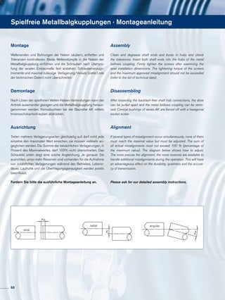 Spielfreie Metallbalgkupplungen · Montageanleitung
Montage
Wellenenden und Bohrungen der Naben säubern, entfetten und
Toleranzen kontrollieren. Beide Wellenstümpfe in die Naben der
Metallbalgkupplung einführen und die Schrauben nach Überprü-
fung der axialen Einbaumaße fest anziehen. Schraubenanzugs-
momente und maximal zulässige Verlagerung/Versatz (siehe Liste
der technischen Daten) nicht überschreiten
Demontage
Nach Lösen der spielfreien Wellen-Naben-Verbindungen kann der
Antrieb auseinander gezogen und die Metallbalgkupplung heraus-
genommen werden. Konusbuchsen bei der Baureihe AK mittels
Innensechskantschrauben abdrücken.
Ausrichtung
Treten mehrere Verlagerungsarten gleichzeitig auf, darf nicht jede
einzelne den maximalen Wert erreichen, sie müssen vielmehr an-
geglichen werden. Die Summe der tatsächlichen Verlagerungen, in
Prozent des Maximalwertes, darf 100% nicht überschreiten. Das
Schaubild unten zeigt eine solche Angleichung. Je genauer Sie
ausrichten, umso mehr Reserven sind vorhanden für die Aufnahme
von zusätzlichen Verlagerungen während des Betriebes. Lebens-
dauer, Laufruhe und die Übertragungsgenauigkeit werden positiv
beeinflusst.
Fordern Sie bitte die ausführliche Montageanleitung an.
Assembly
Clean and degrease shaft ends and bores in hubs and check
the tolerances. Insert both shaft ends into the hubs of the metal
bellows coupling. Firmly tighten the screws after examining the
axial installation dimensions. The tightening torque of the screws
and the maximum approved misalignment should not be exceeded
(refer to the list of technical data).
Disassembling
After loosening the backlash-free shaft hub connections, the drive
can be pulled apart and the metal bellows coupling can be remo-
ved. Conical bushings of series AK are forced off with a hexagonal
socket screw.
Alignment
If several types of misalignment occur simultaneously, none of them
must reach the maximal value but must be adjusted. The sum of
all actual misalignments must not exceed 100 % (percentage of
the maximum value). The diagram below shows how to adjust.
The more precise the alignment, the more reserves are available to
handle additional misalignments during the operation. This will have
an advantageous effect on the durability, quietness and the accura-
cy of transmission.
Please ask for our detailed assembly instructions.
Ka
Kr
Kw
axial
radial angular
Ka
Kr
Kw
axial
radial angular
Ka
Kr
Kw
axial
radial angular
68
 