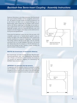 Elastomer-Zahnkränze in eine Nabe eindrücken. Die Eindrückkraft
kann durch leichtes Einfetten mit PU-verträglichen Schmierstof-
fen, z.B. Vaseline, verringert werden. Die Zähne am Elastomer und
an den Nocken der Naben sind zur besseren Montage, bzw. zur
Blindmontage, seitlich angeschrägt. Die Noppen, seitlich abwech-
selnd an den Zähnen, begünstigen die Montage und vermeiden ei-
nen zu engen Einbau. Nun die zweite Kupplungsnabe eindrücken.
Spaltmaße einhalten, damit der Elastomer-Zahnkranz axial nicht
verspannt wird. Eine längere Lebensdauer und die elektrische Iso-
lierung sind somit gewährleistet.
Firmly press the elastomeric spider into one of the two hubs. A PU
compatible grease such as Vaseline may be applied to ease as-
sembly. The edges of the spider and the jaws of the coupling hubs
are both chamfered for an easier or – if applicable - blind assembly
The burlings sidewise alternate on the edges, ease the assembly
and prevent from an too tight installation. Now push in the second
hub. Always keep within the clearance, so that the elastomeric spi-
der will not be tensed up axial. Therefore a longer durability and
electrical isolation will be guaranteed.
WICHTIG: Bei Anwendungen mit dynamischer Belastung
Bei Anwendungen mit hoher Dynamik (häufiges Beschleunigen,
Drehrichtungsumkehr) oder hoher Stoßbelastung (Verwendung
z.B. in Pressen und Schreddern) wird empfohlen, die Auslegung
und Auswahl der geeigneten Kupplung mit Unterstützung des
GERWAH-Teams durchzuführen.
IMPORTANT: For application with high dynamics
For application with high dynamics (frequent acceleration and rever-
sion of rotating) or high impact load (applications like presses and
shredder) we recommend to use the support of the GERWAH team
in doing the dimensioning and choosing the appropriated coupling.
Backlash-free Servo-insert Coupling · Assembly Instructions
Nabe
Hub
elastische Verformung
elastic deformation
Zahnkranz
Spider
Nabe
Hub
E
Nabe
Hub
Nabe
Hub
Zahnkranz
Spider
71
 