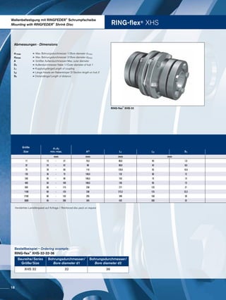 RING-flex® XHS
Wellenbefestigung mit RINGFEDER®
Schrumpfscheibe
Mounting with RINGFEDER®
Shrink Disc
RING-flex
®
XHS-32
Baureihe/Series
Größe/Size
Bohrungsdurchmesser/
Bore diameter d1
Bohrungsdurchmesser/
Bore diameter d2
XHS 32 32 36
Bestellbeispiel • Ordering example:
RING-flex®
XHS-32-32-36
Abmessungen · Dimensions
Verstärktes Lamellenpaket auf Anfrage / Reinforced disc pack on request
d1max	 =	Max. Bohrungsdurchmesser 1/Bore diameter d1max
d2max	=	Max. Bohrungsdurchmesser 2/Bore diameter d2max
A	=	Größter Außendurchmesser/Max. outer diameter
D1	= Außendurchmesser Nabe 1/Outer diameter of hub 1
L1	= Kupplungslänge/Length of coupling
L2	= Länge Absatz am Nabenkörper 2/Section length on hub 2
S1	= Distanzlänge/Length of distance
2)
Größe d1;d2
min.-max.Size A2) L1 L2 S1
mm mm mm mm
17 15 - 37 70,5 86,6 40 7,6
32 24 - 42 88 98,8 45 8,9
75 28 - 60 116 120,4 55 10,4
135 36 - 75 140,5 132 60 12
240 50 - 90 166,5 163 75 13
400 50 - 100 198,5 195 90 15
650 60 - 115 238 271 125 21
1100 60 - 125 238 272,2 125 22,2
2100 80 - 155 295 348 160 28
3600 95 - 200 345 432 200 32
18
 