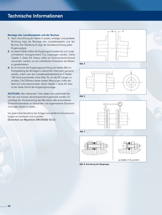 Technische Informationen
Abb. 7
Abb. 8: Anordnung der Baugruppe
Abb. 5
Abb. 6
nur Größe 17-6 und 32-6
S1 U
Montage des Lamellenpakets und der Buchse
1.	 Nach Ausrichtung der Naben in axialer, winkliger und paralleler
	 Richtung folgt die Montage des Lamellenpakets und der
	 Buchse. Die Abbildung 8 zeigt die Geräteausrichtung jedes 	
	Kupplungstyps.
2.	 An dieser Stelle sollten die Kupplungsschrauben bis zum vorge-
	 schriebenen Anzugsmoment (TA) angezogen werden. Siehe
	 Tabelle 7, Seite 54. Hierzu sollte ein Drehmomentschlüssel
	 verwendet werden, um ein ordentliches Festziehen der Bolzen
	 zu gewährleisten.
3.	 Es ist sinnvoll, die Kupplungsausrichtung ein letztes Mal vor 	
	 Fertigstellung der Montage zu überprüfen. Dies kann gemacht 	
	 werden, indem man den Lamellenpaketabstand an 2 Stellen
	 180 Grad auseinander misst (Abb. 5), um die (2) Längen zu 	
	 erhalten. Die Differenz dieser beiden Messungen sollte den 	
	 Wert (U) nicht überschreiten. Siehe Tabelle 7, Seite 54. Dies 	
	 ist der letzte Schritt der Kupplungsmontage.
ACHTUNG: Alle rotierenden Teile stellen eine potentielle Ge-
fahr dar und müssen dementsprechend geschützt werden. Es
unterliegt der Verantwortung des Benutzers, alle anwendbaren
Sicherheitsstandards zu überprüfen und angemessene Schutzvor-
richtungen bereit zu stellen.
Vor jeder Inbetriebnahme der Anlage sind sämtliche Schutzeinrich-
tungen zu montieren und zu prüfen.
(Sicherheit von Maschinen DIN EN292 Teil 2)
56
 