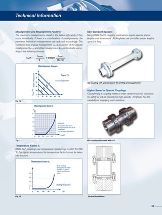 GD coupling with special spacer for printing press application
HD coupling that meets API 610
Technical Information
1
1.2
1.4
1.6
1.8
2
f1
1
1.2
1.4
1.6
1.8
2
f1
Misalignment and Misalignment Factor f1
The maximum misalignments stated in the tables only apply if they
occur individually. If there is a combination of misalignments, the
permitted individual misalignments are reduced accordingly. The
combined total angular misalignment Dtot is a function of the angular
misalignment ∆angular and offset misalignment ∆radial of the shafts, accor-
ding to the following formula:
∆tot [°] = +arctan
∆angular
2
∆radial
(S2 - S1)
Temperature Factor f3
RING-flex®
couplings are temperature-resistant up to 240 °C/460
°F. For higher temperatures the temperature factor f3 must be taken
into account.
Non-Standard Spacers
Many RING-flex(R) coupling applications require special spacer
lengths and dimensions. At Ringfeder, we can offer spacer lengths
up to 1m long.
Higher Speed or Special Couplings
Occasionally a coupling needs to meet certain industrial standards
for safety or will be operated at high speeds. Ringfeder has the
capability of supplying such solutions.Fig. 10
Fig. 11
Fig. 12 Vertical installation
59
 