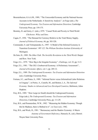 Broesterhuizen, G.A.A.M., 1989, ‘’The Unrecorded Economy and the National Income 
Accounts in the Netherlands: A Sensitivity Analysis’’, in Feige (eds.), The 
Underground Economy: Tax Evasion and Information Distortion, Cambridge 
University Press, pp. 159-175. 
Bromley, R. and Gerry, C. (eds.), 1979. ‘’Casual Work and Poverty in Third World 
Chichester, Wiley and Sons. 
Cagan, P., 1958. ‘’The Demand for Currency Relative to the Total Money Supply, 
Journal of Political Economy, 66, pp. 303-328. 
Commander, S. and Tolstopiatenko A., 1997. ‘A Model of the Informal Economy in 
Transition Economies’. WP 122. The William Davidson Institute (University of 
Michigan). 
De Soto, H., 1989. The Other Path. The Invisible Revolution in the Third World. Harper 
36 
and Row. New York. 
Feige, E.L., 1979. ‘’How Big is the Irregular Economy’’, Challenge, vol. 22, pp. 5-13. 
Feige, E.L., 1981. ‘’The UK’s Unobserved Economy: A Preliminary Assessment’’, 
Journal of Economic Affairs, vol. 1, pp. 205-12. 
Feige, E.L., 1989. The Underground Economies: Tax Evasion and Information Distortion 
(ed.), Cambridge University Press. 
Fortuna, J.C., and Prates, S., 1989. ‘’Informal Sector versus Informalized Labor Relations 
in Uruguay’’, in Portes, A., Castells, M., and Benton, L.A., The Informal 
Economy: Studies in Advanced and Less Developed Countries, Baltimore, Johns 
Hopkins. 
Frey, B.S., 1989. ‘’How Large (or Small) should the Underground Economy 
Feige (eds.), The Underground Economy: Tax Evasion and Information 
Distortion, Cambridge University Press, pp. 111-29. 
Frey, B.S., and Pommerehne, W.W., 1982. ‘’Measuring the Hidden Economy: Though 
this be Madness, there is Method in it’’, in Tanzi (ed.), 1982. 
Frey, B.S., and Weck, H., 1981. ‘’Bureaucracy and the Shadow Economy: A Macro 
Anatomy of Government Deficiency, Hanusch, H., (ed.), Detroit: 
Wayne State University Press. 
 