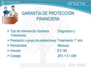 GARANTÍA DE PROTECCIÓN FINANCIERA Tipo de Intervención Sanitaria:  Diagnóstico y Tratamiento. Prestación o grupo de prestaciones: Tratamiento 1° año Periodicidad:  Mensual.  Arancel:  $ 5.190 Copago:  20% = $ 1.038 
