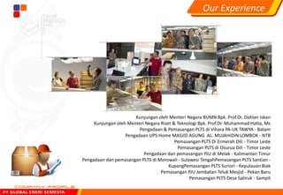 Kunjungan oleh Menteri Negara BUMN Bpk. Prof.Dr. Dahlan Iskan
Kunjungan oleh Menteri Negara Riset & Teknologi Bpk. Prof.Dr. Muhammad Hatta, Ms
Pengadaan & Pemasangan PLTS di Vihara PA-UK TAWYA - Batam
Pengadaan UPS Home MASJID AGUNG AL. MUJAHIDIN LOMBOK - NTB
Pemasangan PLTS Di Ermerah Dili - Timor Leste
Pemasangan PLTS di Osurua Dili - Timor Leste
Pengadaan dan pemasangan PJU di Melak - Kalimantan Timur
Pengadaan dan pemasangan PLTS di Morowali - Sulawesi TengahPemasangan PLTS Santian -
KupangPemasangan PLTS Suriori - Kepulauan Biak
Pemasangan PJU Jembatan Teluk Mesjid - Pekan Baru
Pemasangan PLTS Desa Satiruk - Sampit
Our Experience
 