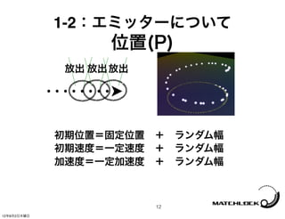 1-2：エミッターについて
                   位置(P)
              放出 放出 放出




             初期位置＝固定位置 ＋ ランダム幅
             初期速度＝一定速度 ＋ ランダム幅
             加速度＝一定加速度 ＋ ランダム幅



                         12
12年8月2日木曜日
 