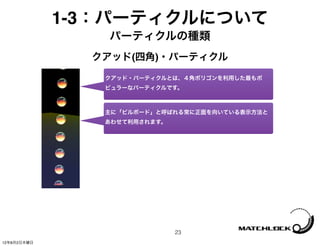 1-3：パーティクルについて
                パーティクルの種類
               クアッド(四角)・パーティクル
                クアッド・パーティクルとは、４角ポリゴンを利用した最もポ
                ピュラーなパーティクルです。



                主に「ビルボード」と呼ばれる常に正面を向いている表示方法と
                あわせて利用されます。




                              23
12年8月2日木曜日
 