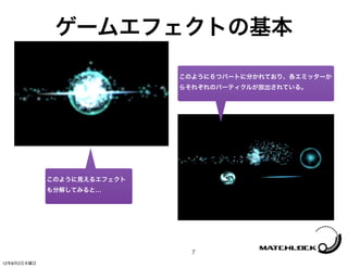 ゲームエフェクトの基本

                             このように６つパートに分かれており、各エミッターか
                             らそれぞれのパーティクルが放出されている。




             このように見えるエフェクト
             も分解してみると…




                               7
12年8月2日木曜日
 