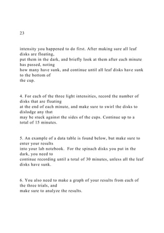 23
intensity you happened to do first. After making sure all leaf
disks are floating,
put them in the dark, and briefly look at them after each minute
has passed, noting
how many have sunk, and continue until all leaf disks have sunk
to the bottom of
the cup.
4. For each of the three light intensities, record the number of
disks that are floating
at the end of each minute, and make sure to swirl the disks to
dislodge any that
may be stuck against the sides of the cups. Continue up to a
total of 15 minutes.
5. An example of a data table is found below, but make sure to
enter your results
into your lab notebook. For the spinach disks you put in the
dark, you need to
continue recording until a total of 30 minutes, unless all the leaf
disks have sunk.
6. You also need to make a graph of your results from each of
the three trials, and
make sure to analyze the results.
 