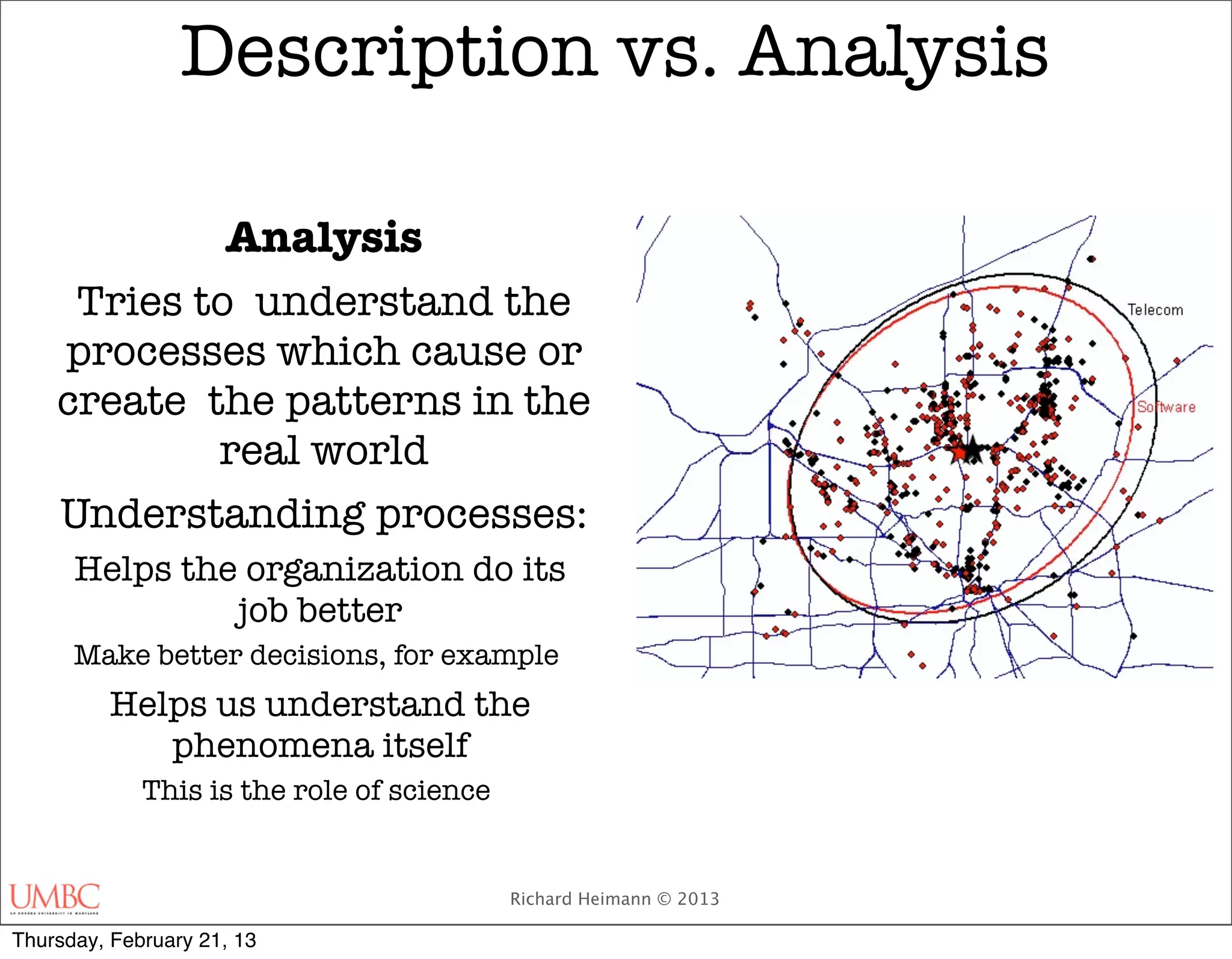 Description vs. Analysis

             Analysis
     Tries to understand the
    processes which cause or
    create the patterns in the
            real world
    Understanding processes:
      Helps the organization do its
               job better
      Make better decisions, for example
          Helps us understand the
             phenomena itself
             This is the role of science


                                           Richard Heimann © 2013

Thursday, February 21, 13
 