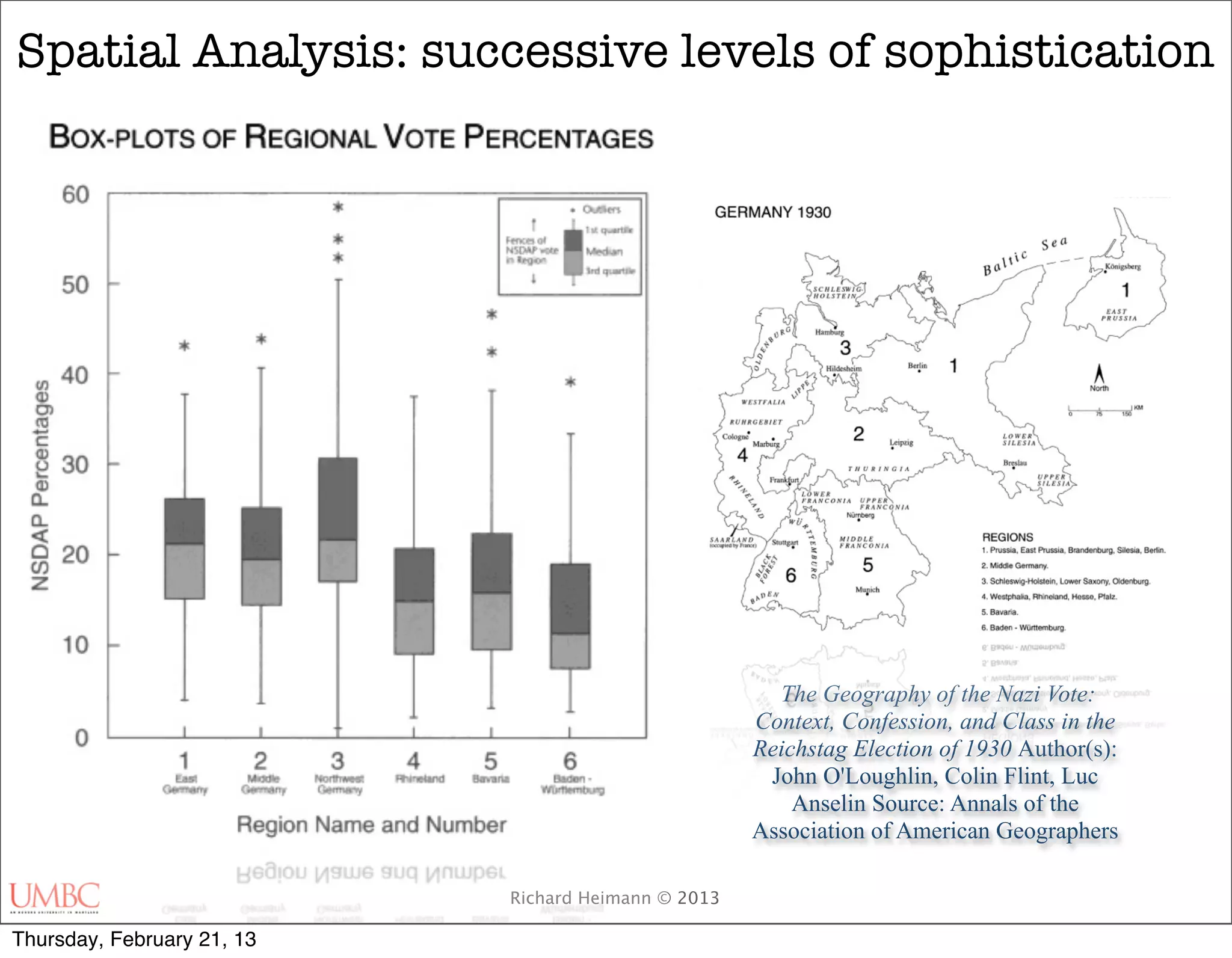 Spatial Analysis: successive levels of sophistication




                                                       The Geography of the Nazi Vote:
                                                     Context, Confession, and Class in the
                                                     Reichstag Election of 1930 Author(s):
                                                      John O'Loughlin, Colin Flint, Luc
                                                         Anselin Source: Annals of the
                                                     Association of American Geographers

                            Richard Heimann © 2013

Thursday, February 21, 13
 