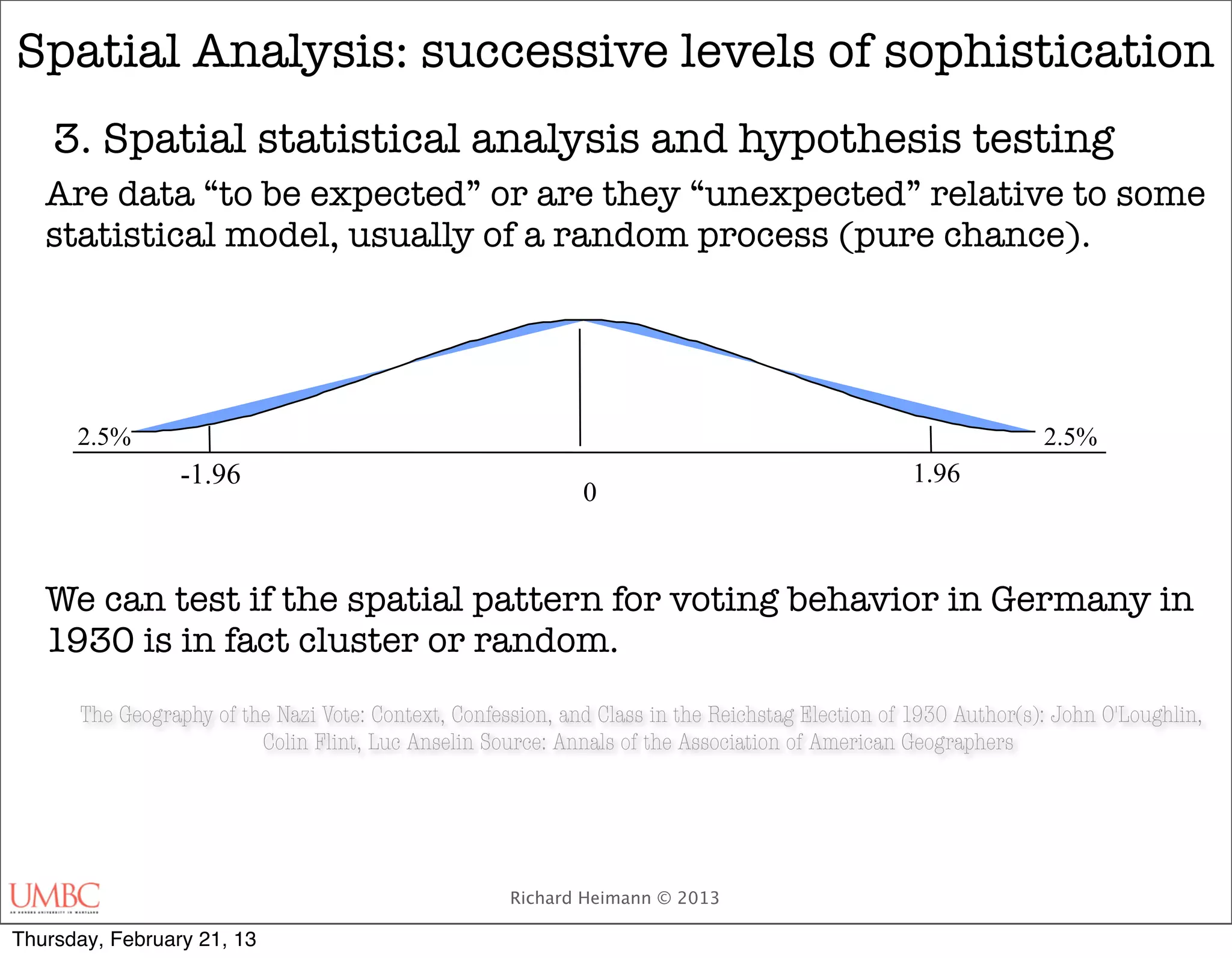 Spatial Analysis: successive levels of sophistication
    3. Spatial statistical analysis and hypothesis testing
   Are data “to be expected” or are they “unexpected” relative to some
   statistical model, usually of a random process (pure chance).




      2.5%                                                                                                      2.5%
                 -1.96                                                                           1.96
                                                             0



   We can test if the spatial pattern for voting behavior in Germany in
   1930 is in fact cluster or random.
      The Geography of the Nazi Vote: Context, Confession, and Class in the Reichstag Election of 1930 Author(s): John O'Loughlin,
                         Colin Flint, Luc Anselin Source: Annals of the Association of American Geographers




                                                     Richard Heimann © 2013

Thursday, February 21, 13
 
