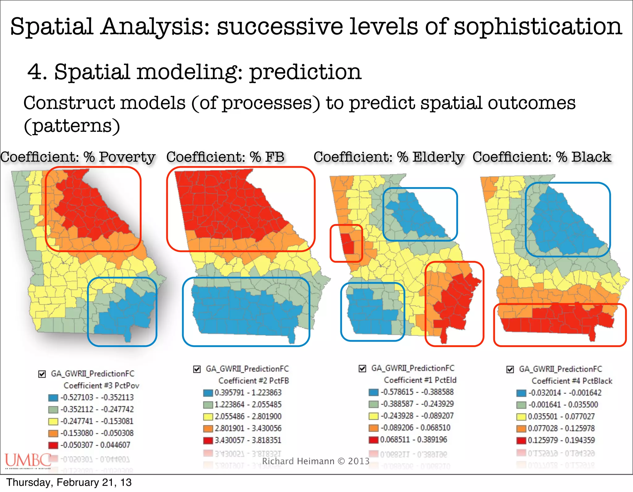 Spatial Analysis: successive levels of sophistication
    4. Spatial modeling: prediction	
   Construct models (of processes) to predict spatial outcomes
   (patterns)
Coefﬁcient: % Poverty Coefﬁcient: % FB      Coefﬁcient: % Elderly Coefﬁcient: % Black




                                  Richard Heimann © 2013

Thursday, February 21, 13
 
