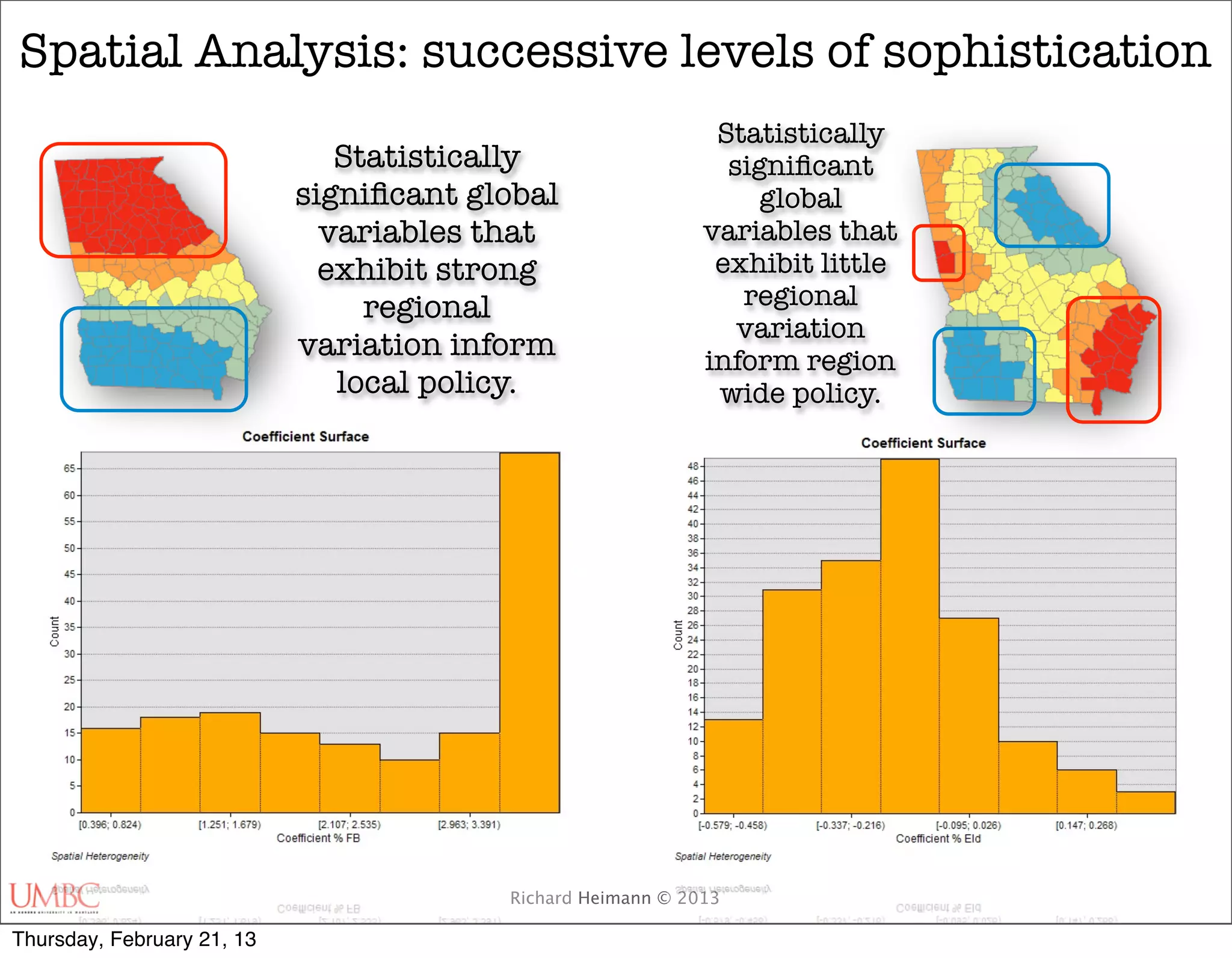 Spatial Analysis: successive levels of sophistication
                                                              Statistically
                               Statistically                   signiﬁcant
                            signiﬁcant global                     global
                              variables that                 variables that
                              exhibit strong                  exhibit little
                                 regional                       regional
                                                                variation
                            variation inform                 inform region
                               local policy.                  wide policy.




                                         Richard Heimann © 2013

Thursday, February 21, 13
 
