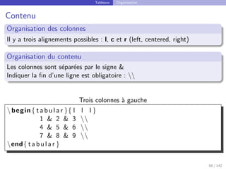 Tableaux Organisation
Contenu
Organisation des colonnes
Il y a trois alignements possibles : l, c et r (left, centered, right)
Organisation du contenu
Les colonnes sont séparées par le signe 
Indiquer la fin d’une ligne est obligatoire : 
Trois colonnes à gauche
begin{ t a b u l a r }{ l l l }
1  2  3 
4  5  6 
7  8  9 
end{ t a b u l a r }
68 / 142
 