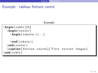 Flottants Introduction
Exemple : tableau flottant centré
Exemple
begin{ t a b l e }[ h ]
begin{ center }
begin{ t a b u l a r } { . . . }
. . .
end{ t a b u l a r }
end{ center }
 caption [ Version courte ]{ T i t r e v e r s i o n longue }
end{ t a b l e }
76 / 142
 