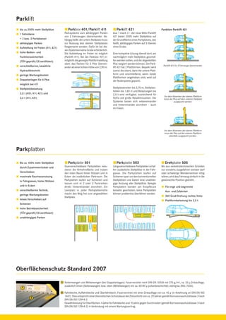 Parklift
Parkbox 401/Parklift 411

bis zu 200% mehr Stellplätze

Parksysteme zum abhängigen Parken
von 2 Fahrzeugen übereinander. Abhängig heißt: der untere Stellplatz muss
zur Nutzung des oberen Stellplatzes
freigemacht werden. Dafür ist bei diesen Systemen keine Grube erforderlich.
Die Aufstellung im Freien ist möglich
(Parklift 411). Bei der Parkbox 401 ermöglicht die geneigte Plattformstellung
oben das Parken für 2 Pkw übereinander ab einer lichten Höhe von 2,90 m.

1 Fahrebene
= 2 bzw. 3 Parkebenen
abhängiges Parken
Aufstellung im Freien (411, 421)
hohe Bedien- und
Funktionssicherheit
(TÜV-geprüft/CE-zertiﬁziert)
verschleißarme, bewährte
Hydrauliktechnik
geringe Wartungskosten
Doppelanlagen für 4 Pkw

Parklift 421

Funktion Parklift 421

Aus 1 mach 3 – der neue Wöhr Parklift
421 bietet 200% mehr Stellplätze auf
der Grundﬂäche eines Parkplatzes, das
heißt, abhängiges Parken auf 3 Ebenen
ohne Grube.
Eine kompakte Lösung überall dort, wo
nachträglich mehr Stellplätze geschaffen werden sollen, und die abgestellten
Pkw rangiert werden können. Der Parklift 421 hat 2 Plattformen. Beparkt wird
zuerst die obere, dann die untere Plattform und anschließend, wenn beide
Plattformen angehoben sind, wird auf
der Bodenplatte geparkt.

Parklift 421 für 3 Fahrzeuge übereinander.

möglich bei 411
Stellplatzbreiten bis 2,70 m, Stellplatzhöhen bis 1,80 m und Belastungen bis
2,6 t sind verfügbar, ausreichend für
SUVs und große Reiselimousinen. Die
Systeme lassen sich nebeneinander
und hintereinander anordnen – auch
im Freien.

Stellplatzbelastung
2,0 t (401, 411, 421) und
2,6 t (411, 421)

Vor dem Absenken der oberen Plattform
muss der Pkw auf dem unteren Stellplatz
ausgeparkt werden.

Vor dem Absenken der oberen Plattform
muss der Pkw auf der unteren Plattform
ebenfalls ausgeparkt werden.

Parkplatten
Parkplatte 501

Bis zu 100% mehr Stellplätze

Querverschiebbare Parkplatten reduzieren die Verkehrsﬂäche und nutzen
den toten Raum hinter Stützen und in
Ecken als zusätzlichen Parkraum. Die
Parkplatten laufen auf Schienen und
lassen sich in 2 oder 3 Parkreihen
direkt hintereinander anordnen. Ein
Leerplatz in jeder Parkplattenreihe
macht den Weg frei zum angewählten
Stellplatz.

durch Zusammenrücken und
Verschieben
maximale Raumausnutzung
in Fahrgassen, hinter Stützen
und in Ecken
verschleißarme Technik,
geringe Wartungskosten
leises Verschieben auf

Parkplatte 503
Längsverschiebbare Parkplatten schaffen zusätzliche Stellplätze in der Fahrgasse. Die Parkplatten laufen auf
Schienen quer vor den konventionellen
Stellplätzen und bieten eine unabhängige Nutzung aller Stellplätze. Belegte
Parkplatten werden per Knopfdruck
beiseite geschoben, leere Parkplatten
können problemlos überfahren werden.

Drehplatte 505
Wo aus verkehrstechnischen Gründen
nur vorwärts ausgefahren werden darf
oder schwierige Wendemanöver nötig
wären, wird das Fahrzeug einfach in die
gewünschte Position gedreht.
Für enge und begrenzte
Aus- und Zufahrten
360 Grad-Drehung rechts/links
Plattformbelastung bis 2,5 t

Schienen
hohe Betriebssicherheit
(TÜV-geprüft/CE-zertiﬁziert)
unabhängiges Parken

Oberﬂächenschutz Standard 2007
1

Seitenwangen und Mittelwangen (bei Doppelanlagen): Feuerverzinkt nach DIN EN 10326 mit 275 g/m2, ca. 20 μ Zinkauﬂage,
zusätzlich innen (Seitenwangen) bzw. oben (Mittelwangen) mit ca. 60-80 μ pulverbeschichtet, steingrau (RAL 7030).

2

Fahrbleche, Auffahrbleche und Überfahrblech: Feuerverzinkt mit einer Zinkauﬂage von ca. 45 μ (in Anlehnung an DIN EN ISO
1461). Dies entspricht einer theoretischen Schutzdauer der Zinkschicht von ca. 20 Jahren gemäß Korrosionsschutzklasse 3 nach
DIN EN ISO 12944-2.
Gewährleistung für Oberﬂächen: 4 Jahre für Fahrbleche und 15 Jahre gegen Durchrosten (gemäß Korrosionsschutzklasse 3 nach
DIN EN ISO 12944-2) in Verbindung mit einem Wartungsvertrag.

1

2

 