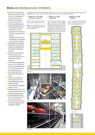 Multiparker (Stahlbaustruktur mit Paletten)
Automatisches Parksystem zum
Parken von 10 bis über 100 Autos,

Der Multiparker ist ähnlich wie ein Hochregal aufgebaut, mit links und rechts neben der Gasse für den Förderer angeordneten
Stellplätzen über-, neben- und hintereinander. Unterschieden werden 3 verschiedene Produkttypen:

ähnlich einem Hochregal, das

Multiparker 710/720

Multiparker 730

Multiparker 740

sich auch für den Einsatz in

Querparker in 2 Varianten

Shuttleparker

Längsparker

öffentlichen Garagen eignet
sicher für Nutzer und Autos

710: für 2 bis 8 Ebenen mit Schwerpunkt der Anordnung auf der Fläche

sehr anpassungsfähig an individuelle Projektanforderungen durch
3 verschiedene Produkttypen:

720: für 5 bis 20 Ebenen mit Schwerpunkt der Anordnung übereinander bei
kleiner Grundﬂäche

• Querparker in 2 Varianten,
• Längsparker für die Anordnung
der Autos in Längsrichtung zum
Förderer
• Shuttleparker mit Shuttles auf
jeder Parkebene, die unabhängig
vom Vertikalförderer arbeiten
Regalbediengeräte mit gleichzeitiger Vertikal- und Horizontalbewegung mit der Möglichkeit zur
gleichzeitigen Drehbewegung
des Autos
als Turm- oder Schachtvariante
(Einfahrt unten bzw. oben)
oder als Turm/Schacht-Variante
(Einfahrt auf einer Ebene
dazwischen)
mehrreihige Anordnungsmöglichkeiten mit 1 bis 2 Reihen hintereinander sind beidseitig möglich,
Ein- und Ausfahrräume können
ﬂexibel angeordnet werden
sehr schnelle Zugriffszeiten

Multiparker 720

durch Paletten-Schnellwechselsystem
keine raumintensive Rampen
und Fahrgassen erforderlich
keine aufwändige Beleuchtung
und Belüftung nötig
unterschiedliche Fahrzeughöhen
möglich, z.B. Vans
große Reiselimousinen bis zu 2,5 t,
z.B. Mercedes-Benz S-Klasse und
SUVs, können geparkt werden
vielseitige Bedienungsmöglichkeiten: vom Transponderchip bis
hin zur Funkfernsteuerung
Anschluss und Integration eines

Multiparker 710

Kassenabrechnungssystems für
Parkgebühren möglich

Multiparker 740

Mit Schwerpunkt für schnelle Zugriffszeiten. Hier fahren auf jeder Ebene
Shuttles, die entkoppelt vom Vertikalförderer gleichzeitig und damit schneller transportieren. Das Paletten-Schnellwechselsystem ermöglicht sehr kurze
Zugriffszeiten. Daher eignet sich der
Multiparker auch für öffentliche Garagen.

Für 1 bis 8 Ebenen zur Anordnung der
Autos in Längsrichtung zum Förderer
und somit für schmale Baukörper.

 